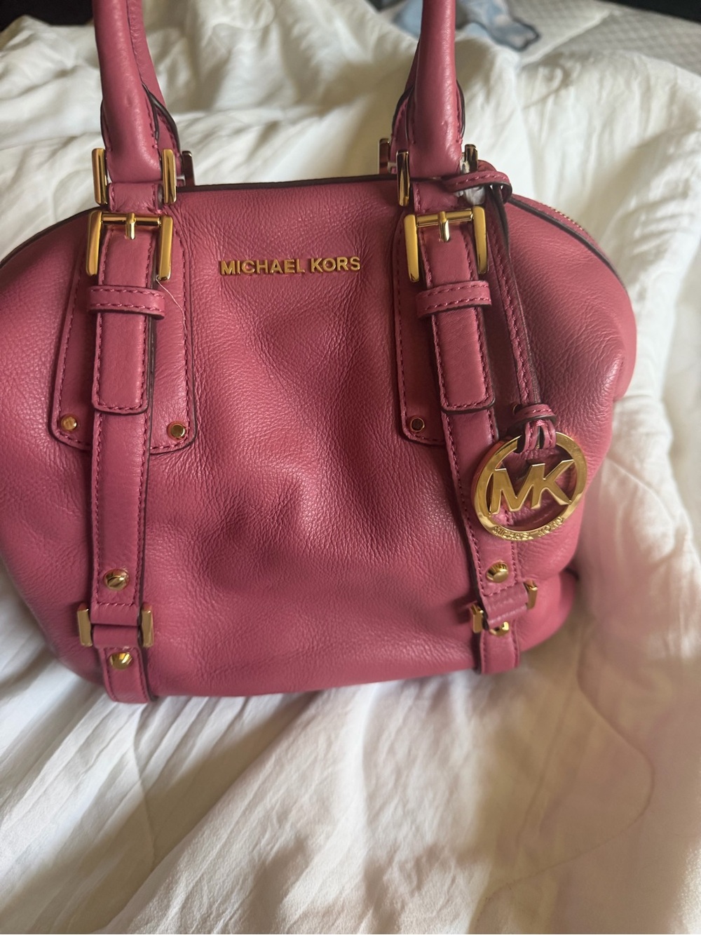 Michael Kors BEDFORD TULIP  Pink Leather Satchel with Gold MK Charm